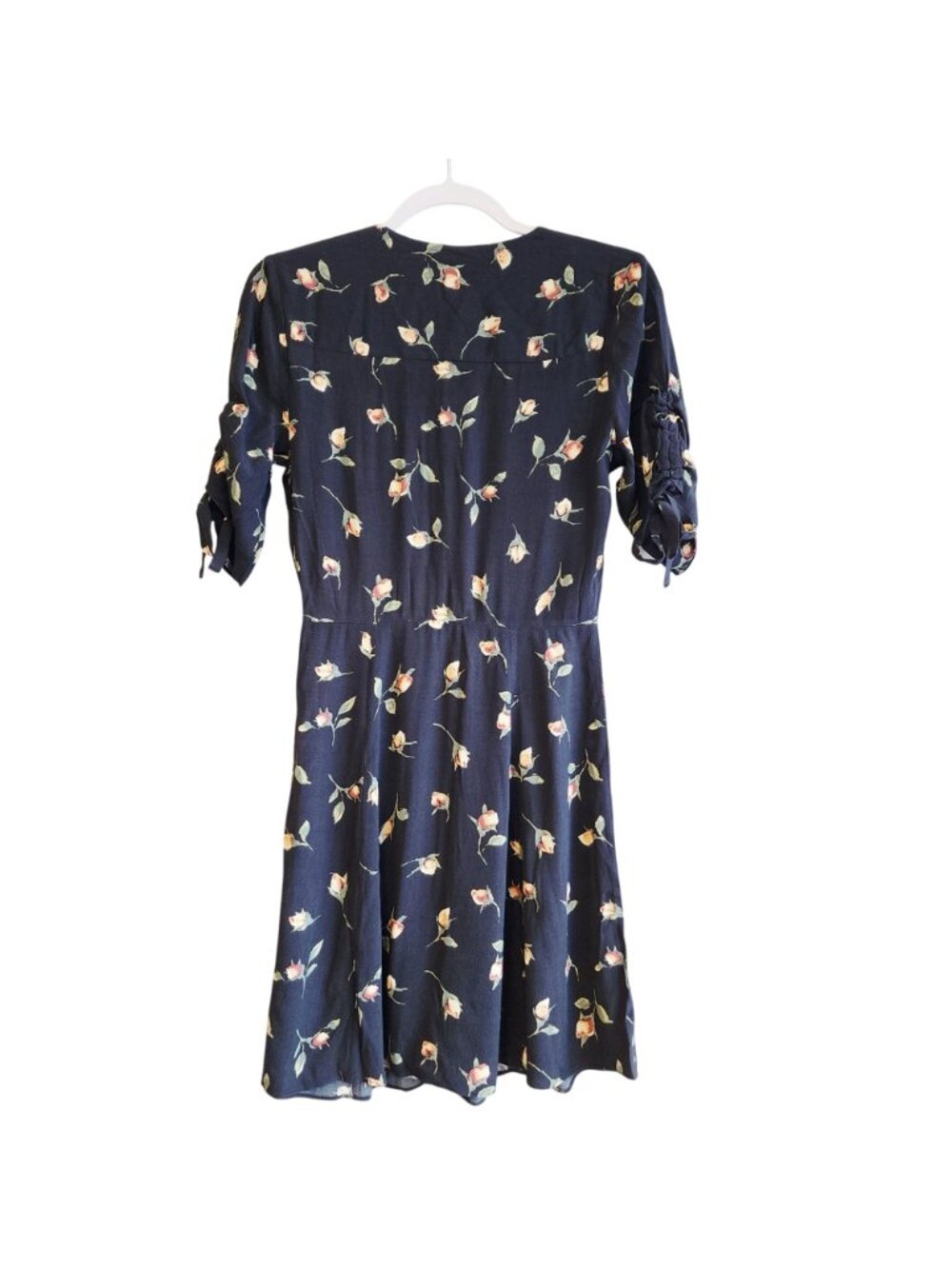 Paige Floral Print Midi Casual Dress Ruched Sleeves V-Neckline Navy Size XS  New - Picture 10 of 12